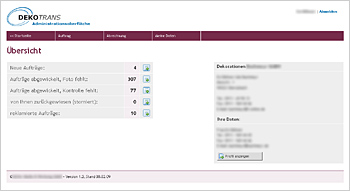 Dekotrans Administrationsoberfläche - Startseite