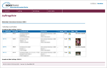 Dekotrans Administrationsoberfläche - Auftragsübersicht